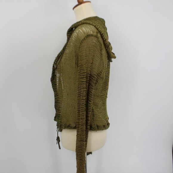 Vintage Army Green Knit Street Wear Snap Hoodie Jacket S - Picture 7 of 8